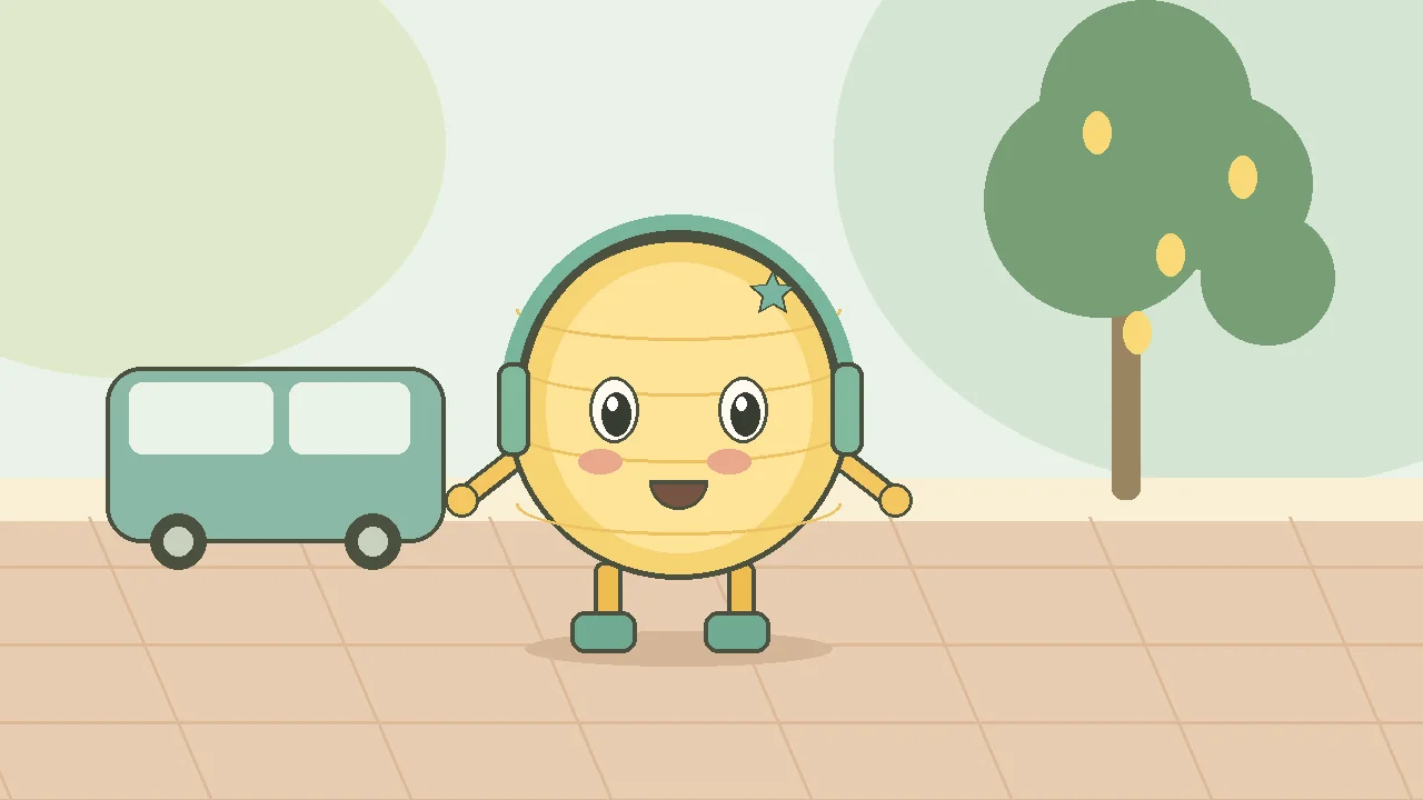 Llumi, un farol de papel amarillo con auriculares verdes, junto a su furgoneta y un limonero